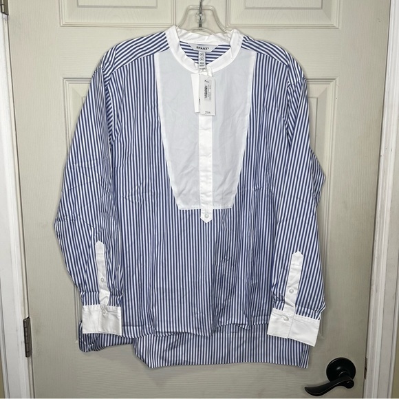 SPANX Tops - SPANX® Poplin Tuxedo Shirt Navy White Stripe Sz M